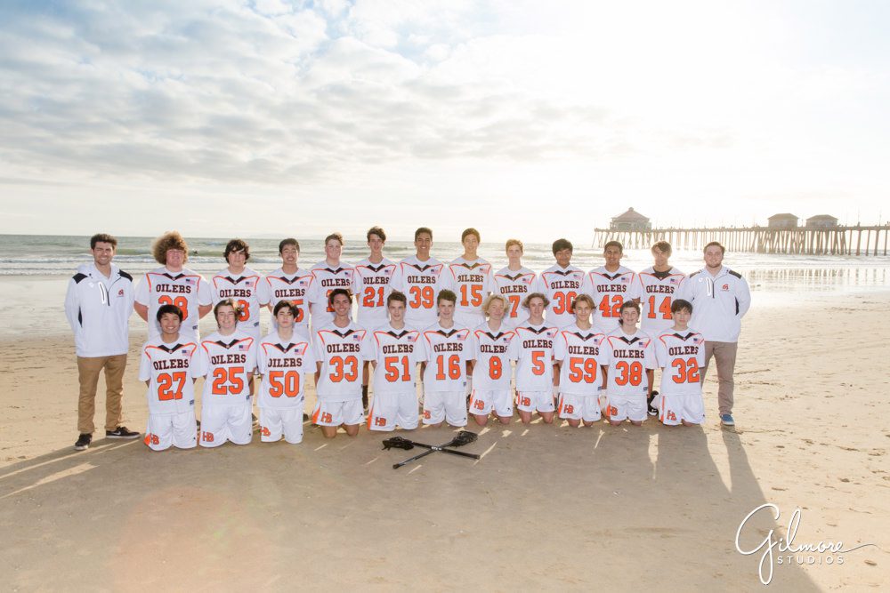 High School Lacrosse Photographer, Orange County, Huntington Beach Oilers, Team Photos at the beach, sports photography, HB Oilers Lacrosse