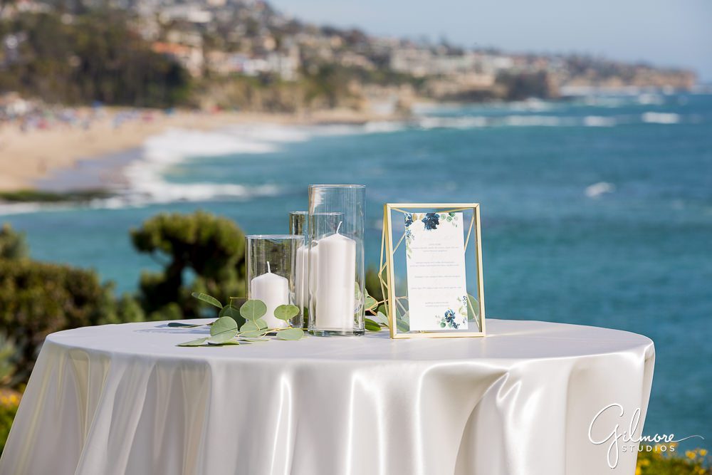 perfect the event wedding planner, destination wedding, Laguna Beach Montage, cocktail, tables, ocean view, gilmore studios