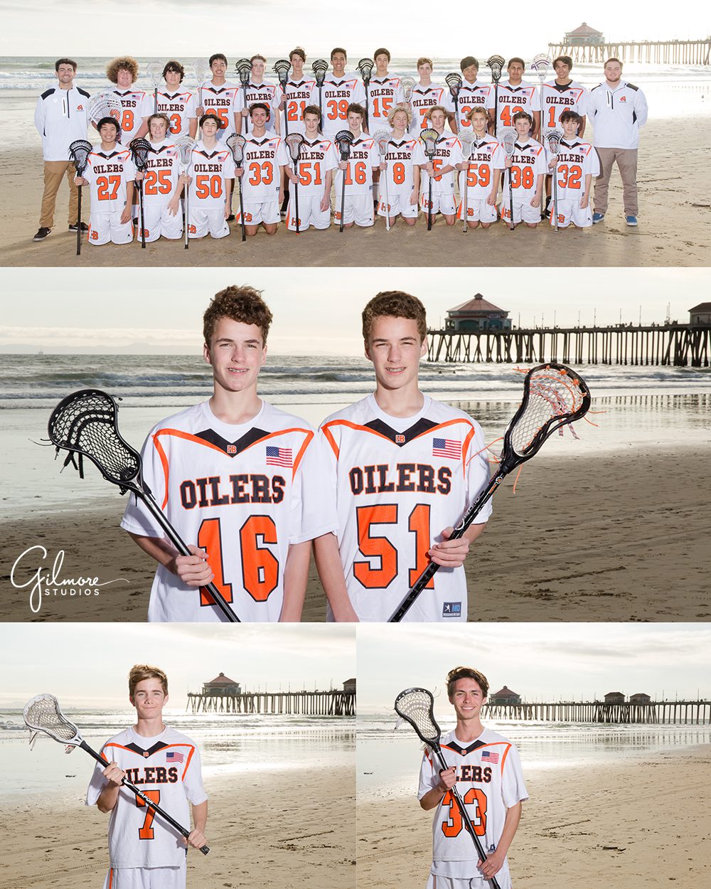 High School Lacrosse Photographer, Orange County, Huntington Beach Oilers, Team Photos, sports photography, group photo, coach, coaching staff, white and orange jersey, lacrosse stick
