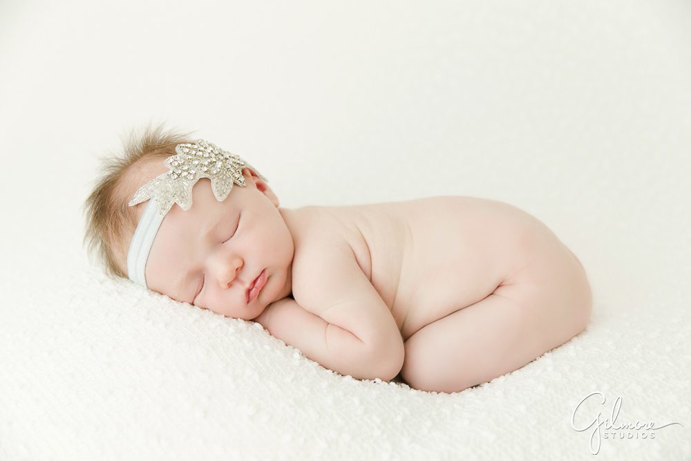 Newborn Family Photography Session, sleeping baby pose, posing, headband, silver, sparkle, shimmer