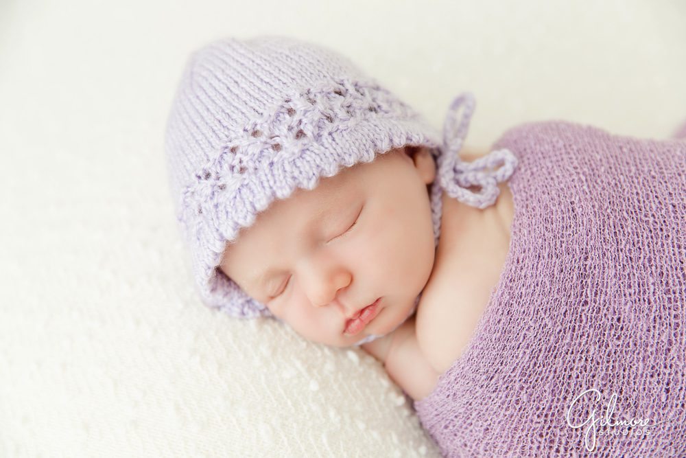 Newborn Family Photography Session, lavendar, knit, beanie, purple wrap, sleeping baby