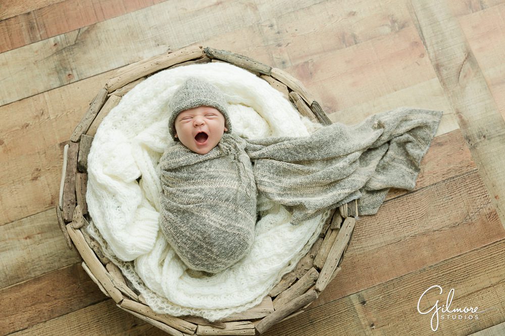 Newborn Portrait with Siblings - yawning baby boy, babies, props, posing, bowl