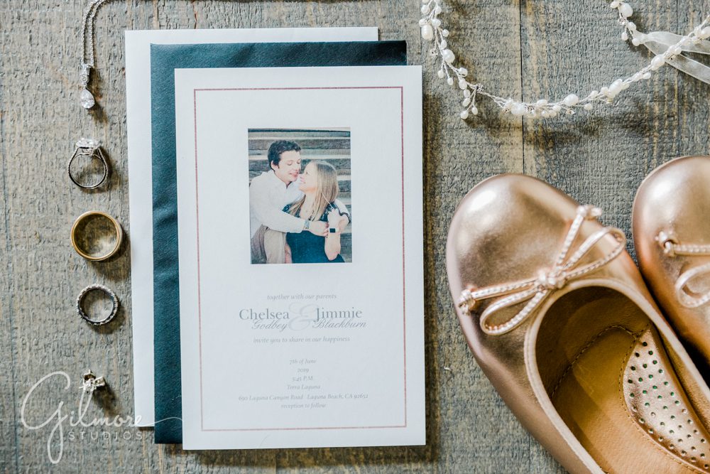 Invitation, jewelry, bride shoes, wedding rings, Hotel Laguna Beach Wedding Photographer