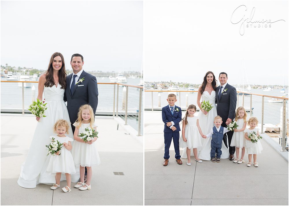 newport-beach-wedding-party-bride-and-groom-with-children-flower-girls-ring-bearer-toddler-outfits-cute-kids-weddings-photographer