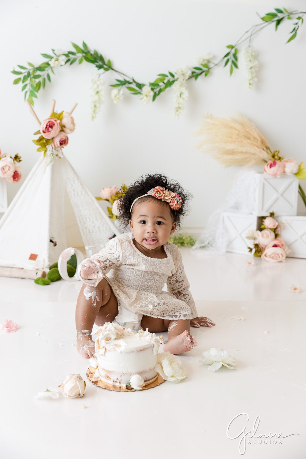 background set, white, floral, boho baby, teepee, one year old, 1st birthday party, Boho Cake Smash