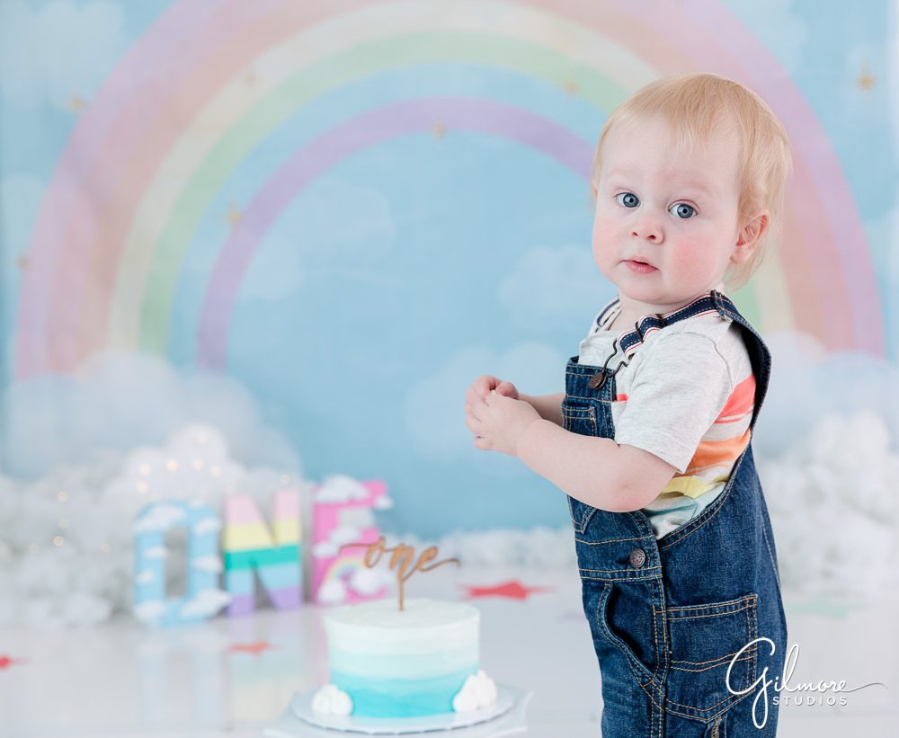 Rainbow Cake Smash Session, cake smash for boys, clouds, sky, colorful, first birthday, 1 year old