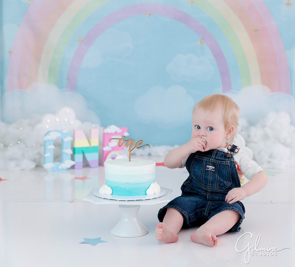 Rainbow Cake Smash Session, cake smash session for boys, clouds, sky, colorful, first birthday, 1 year old