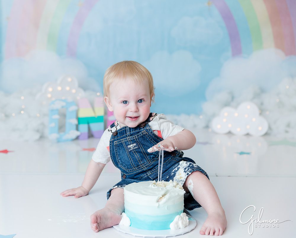 Rainbow Cake Smash Session, cake smash session for boys, clouds, sky, colorful, first birthday, 1 year old