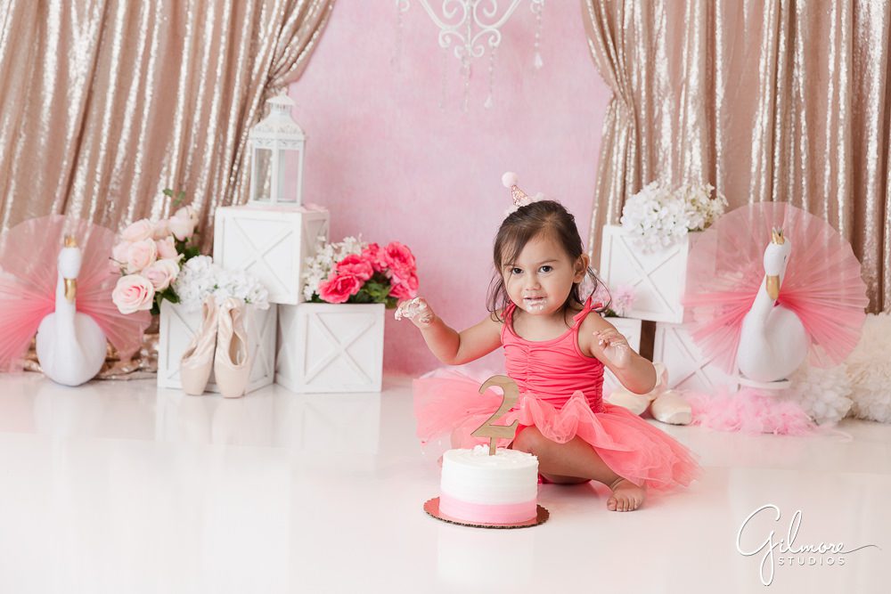 ballerina cake smash, pink, gold, 2 year old, two years old, gilmore studios, smashcake, cakesmash, orange county, CA