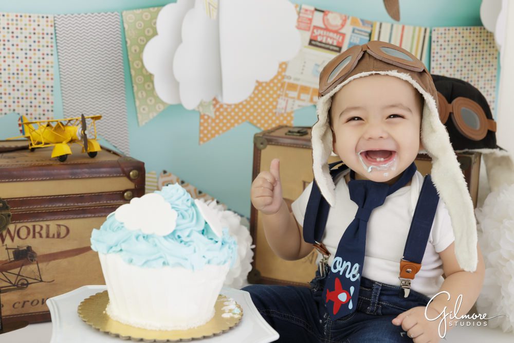 Airplane Pilot Cake Smash, 1 year old, 1st birthdays, aviator, airport, birthday party theme, Orange County children's photographer, Newport Beach, CA