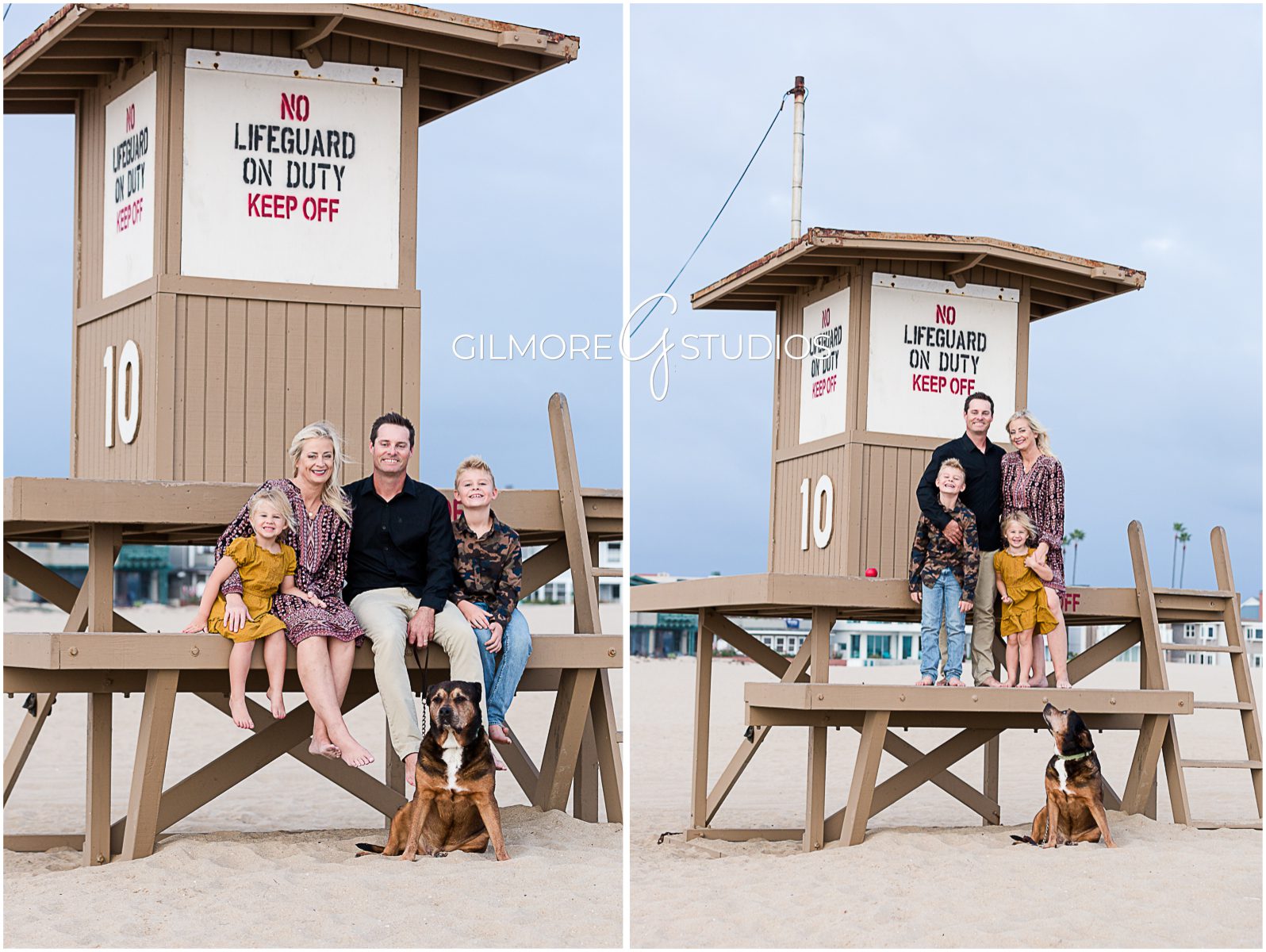 Orange County family photographers, Family Photos at the Beach, Newport, Orange County, portrait session, lifeguard tower, dog, kids, children