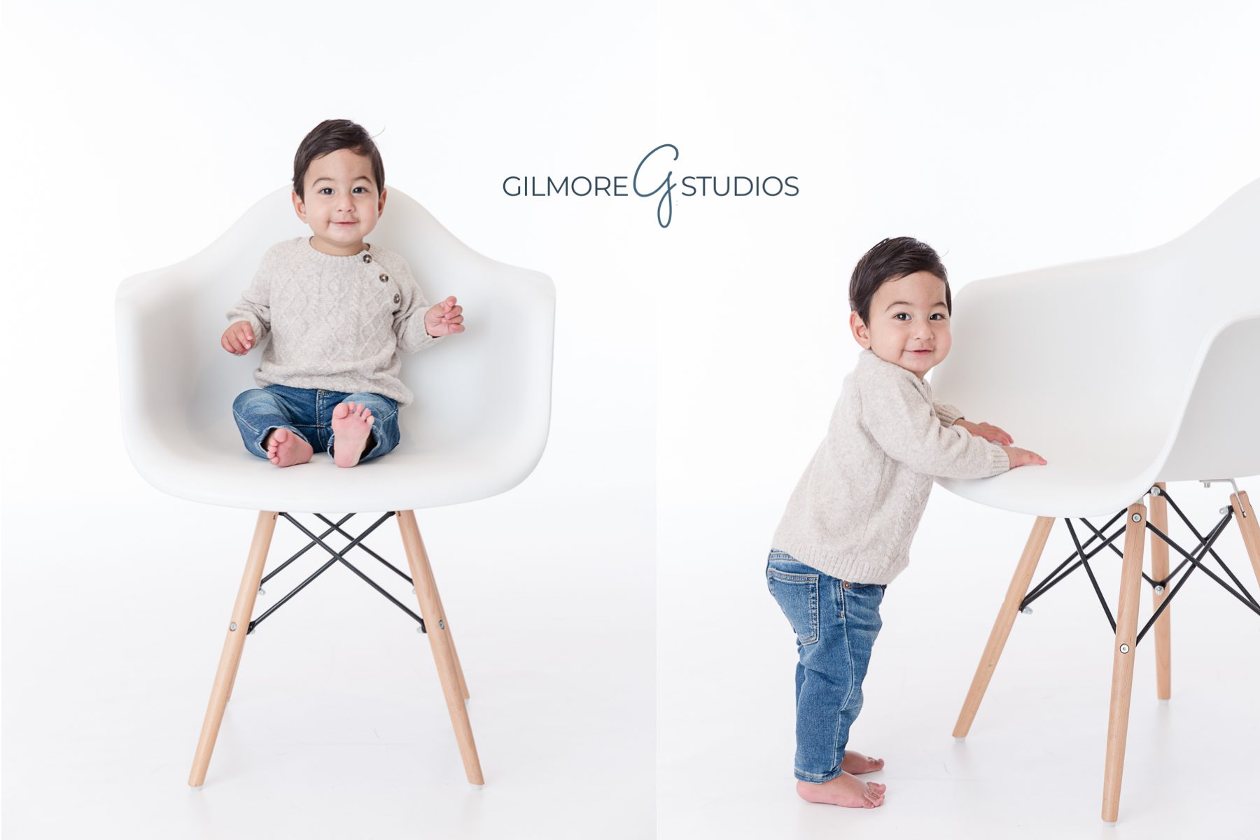 1st birthday portrait session, one year old boy, outfit, white chair, background, 1st birthday
