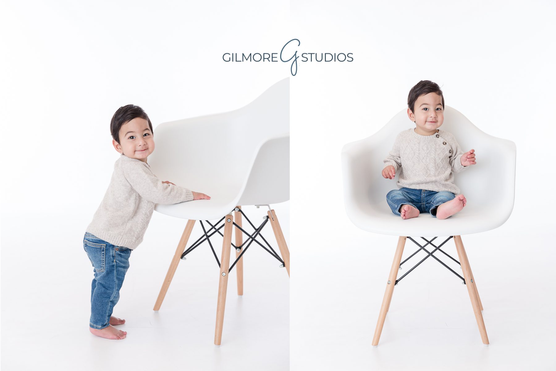 1st birthday portrait session, one year old boy, outfit, white chair, background, 1st birthday