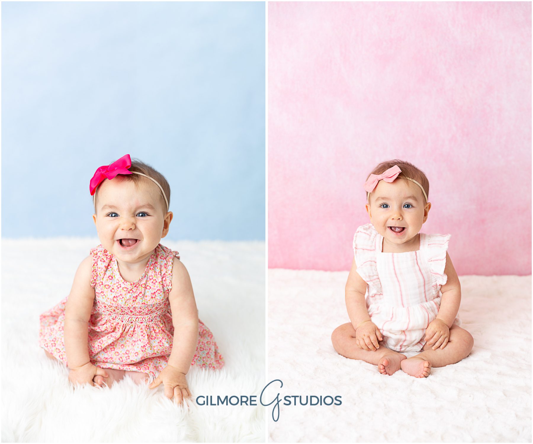 Newport Beach Children's Photography, blue background, sitting up, 6th months old, 6th month session, baby girl, baby prop, pink bow, floral dress, six months old
