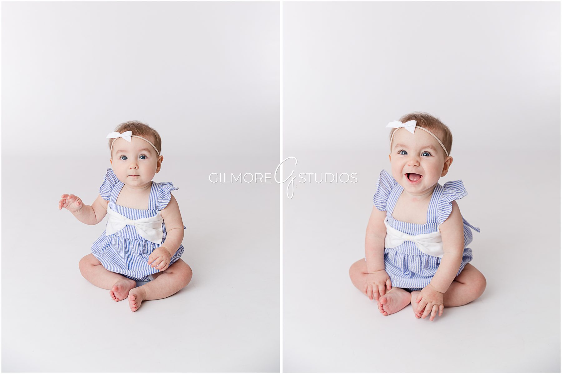 Newport Beach Children's Photography, light pink background, sitting up, 6th months old, 6th month session, baby girl, baby prop, pink bow, floral dress, six months old