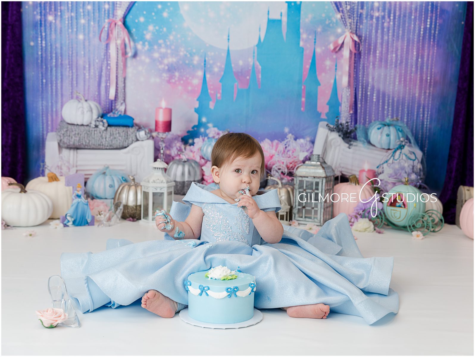Cinderella Theme Cake Smash Session, glass slipper, princess, blue dress, cinderella dress for kids, 1st birthday, cake, one year old, set, prop, design, style, castle, pumpkin, photographer