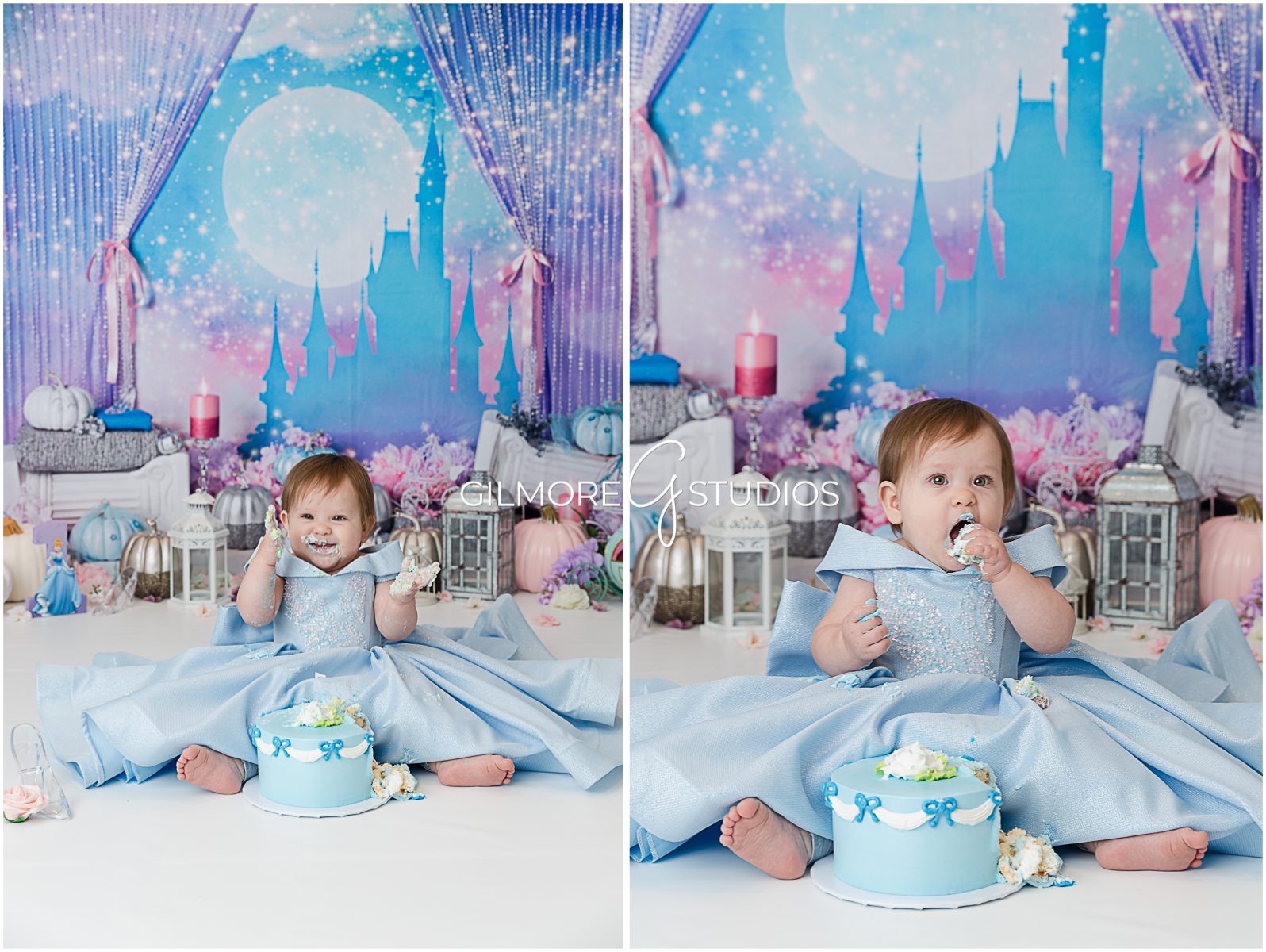 Cinderella Theme Cake Smash Session, glass slipper, princess, blue dress, cinderella dress for kids, 1st birthday, cake, one year old, set, prop, design, style, castle, pumpkin, photographer