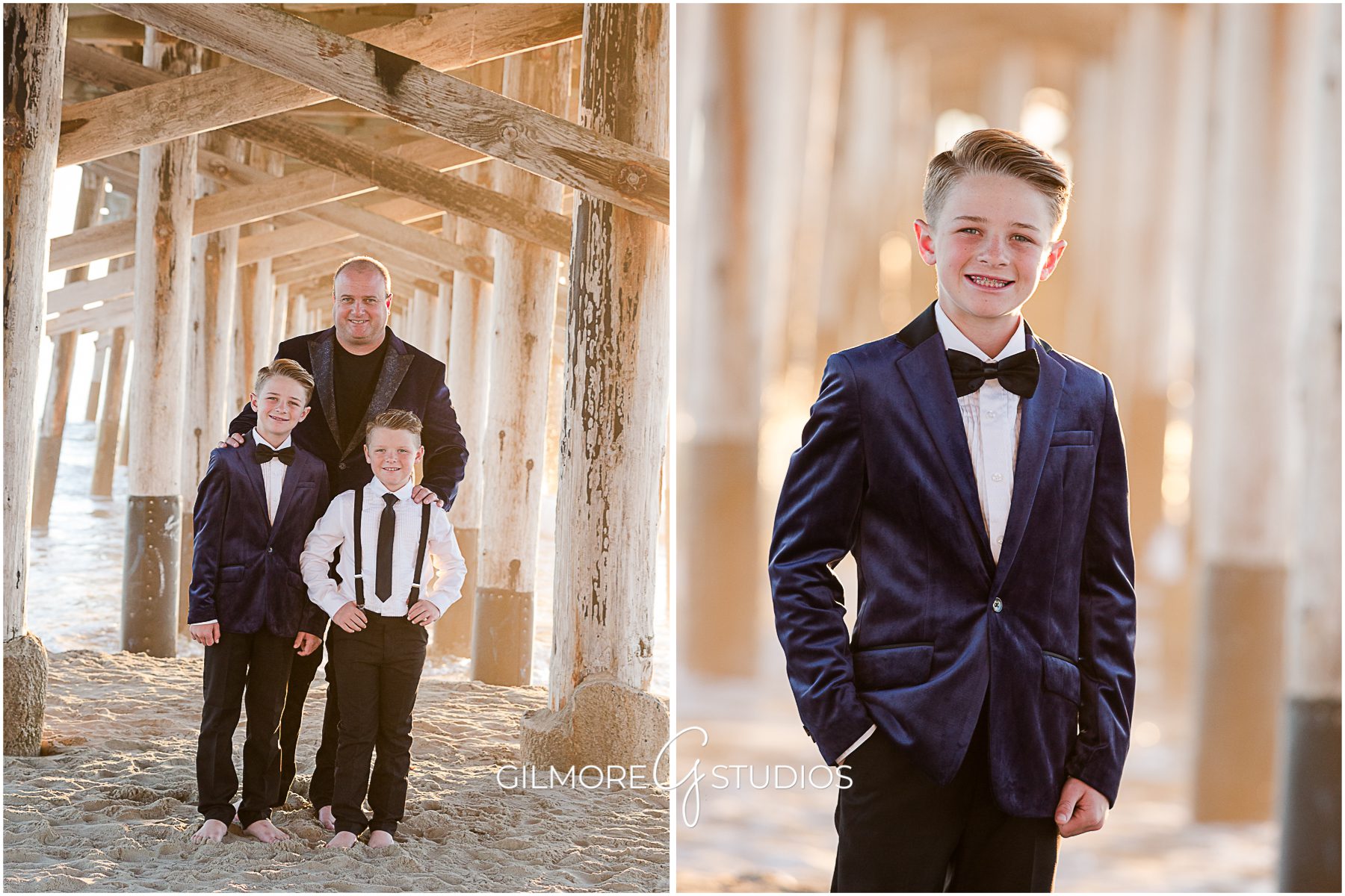 father with sons, children's photo, pose, outdoors, beach, ocean, pier, sand, daddy, boys, Formal Family Portrait, Newport Beach photographer