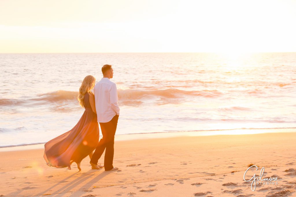 Crystal Cove Engagement Photography Session, Newport Beach, cute short dress, outfit, outfits, skirt, Orange County wedding photographers, Gilmore Studios, sunset
