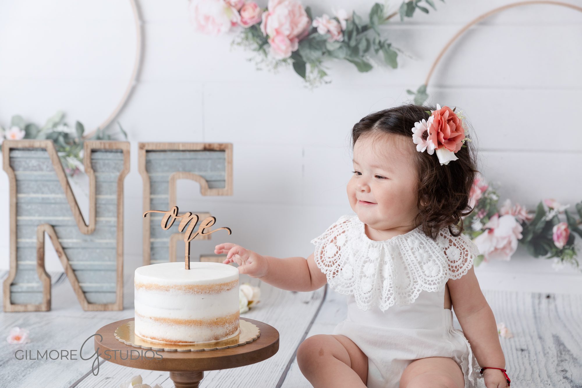 Boho Floral Cake Smash, theme, set, design, decor, first birthday, girl, flower, floral, boho baby, photography, photographer, studio, gray, white, ONE letters