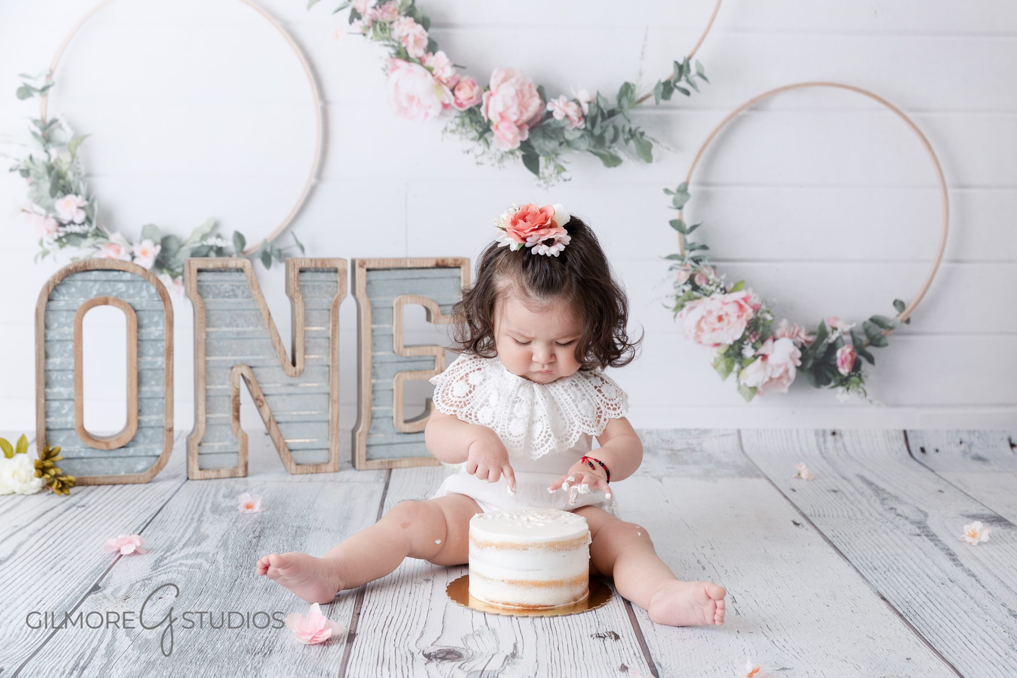 Boho Floral Cake Smash, theme, set, design, decor, first birthday, girl, flower, floral, boho baby, photography, photographer, studio, gray, white, ONE letters