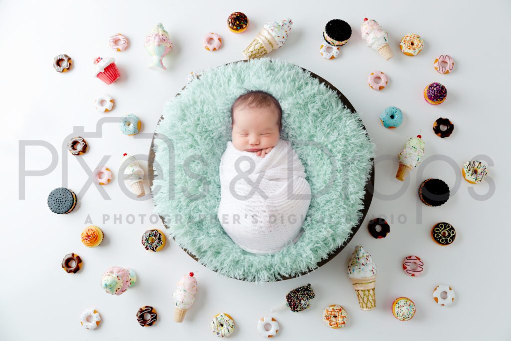 Newborn Digital Backdrops styled by Pixels and Drops with mint green ice cream sandwiches bars and cones. Colorful donuts and sweets for the summer on a white background composite
