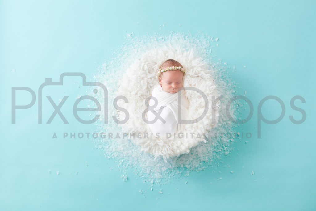 Newborn Digital Backdrops styled by Pixels and Drops with simple blue winter holiday seasonal modern background with fake snow and faux white fur fluffy stuffer