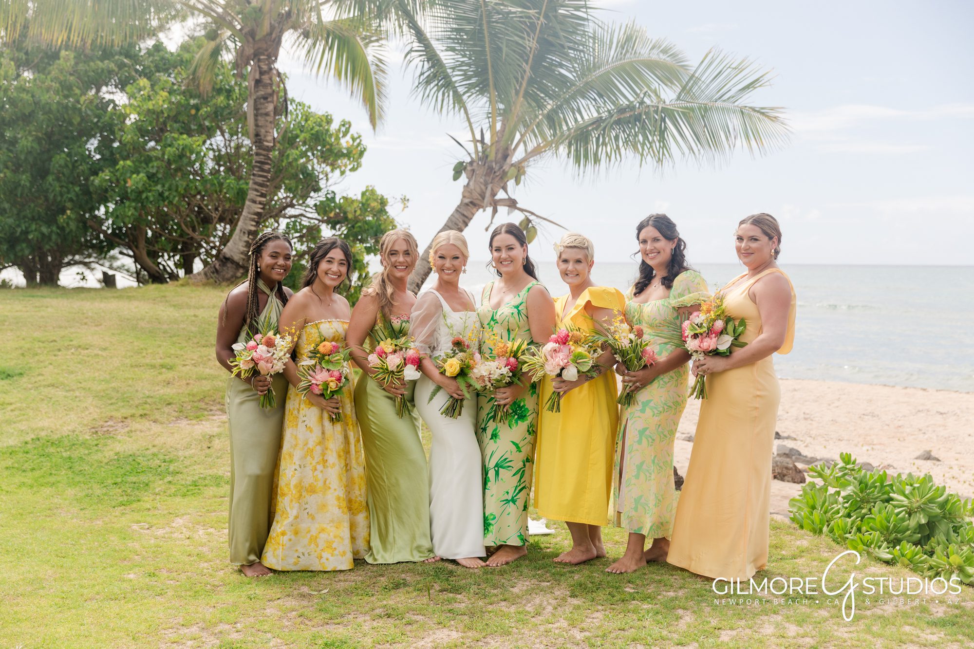 Loulu Palm Wedding Photography, Oahu Weddinga - North Shore - Hawaii - Hawaiian Wedding Venue - Beach Wedding - Aloha Wedding - Gilmore Studios - Bride and bridesmaid dresses - floral bridesmaid dress - flowers - floral - bouquet - island flower - 