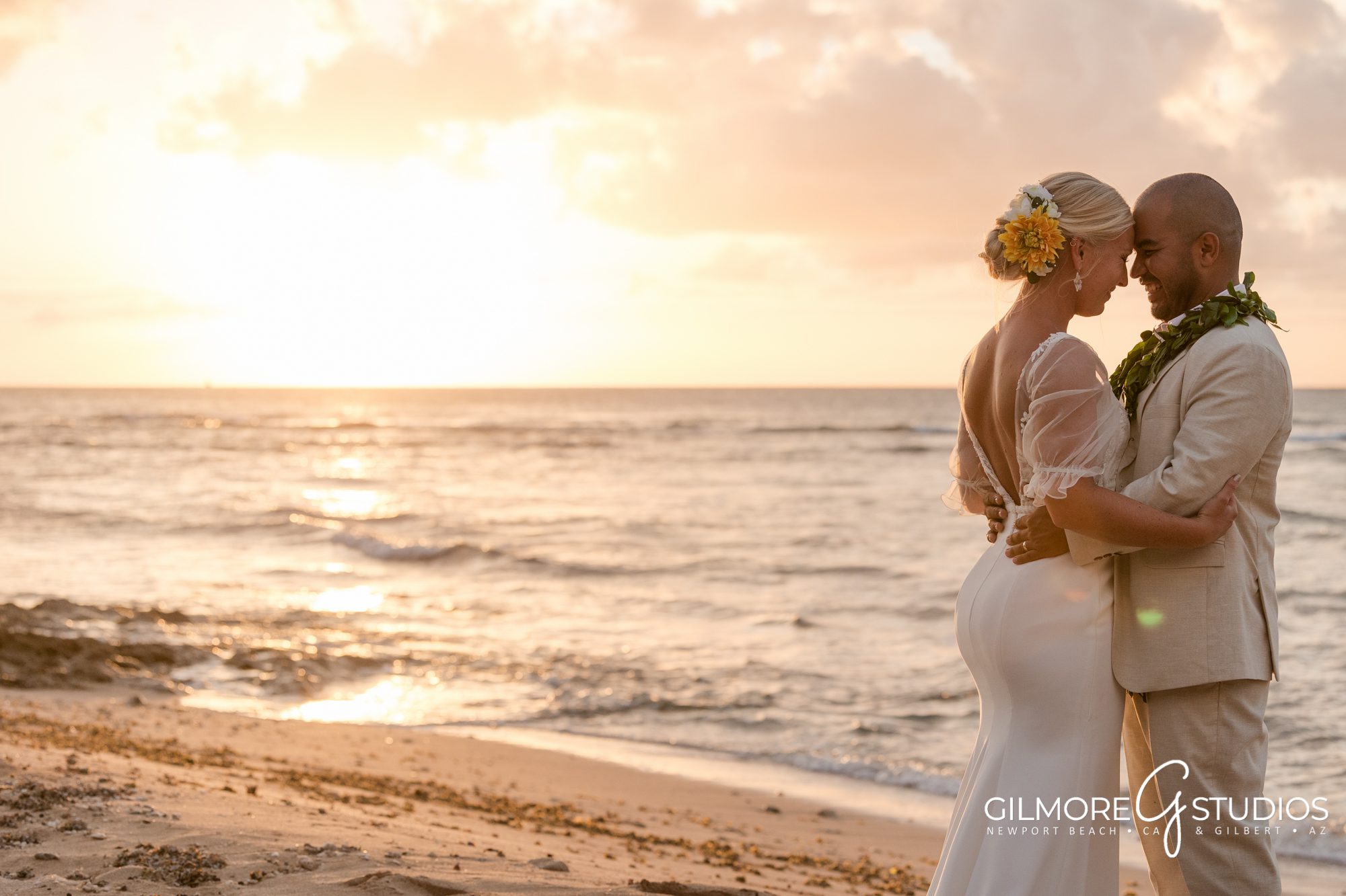 Loulu Palm Wedding Photography, Oahu Weddings - North Shore - Hawaii - Hawaiian Wedding Venue - Beach Wedding - Aloha Wedding - Gilmore Studios - wedding day - wedding dress - gown - Hawaiian sunset - sky - skies - clouds - sun - bride and groom - beach weddings - surf - sand - ocean