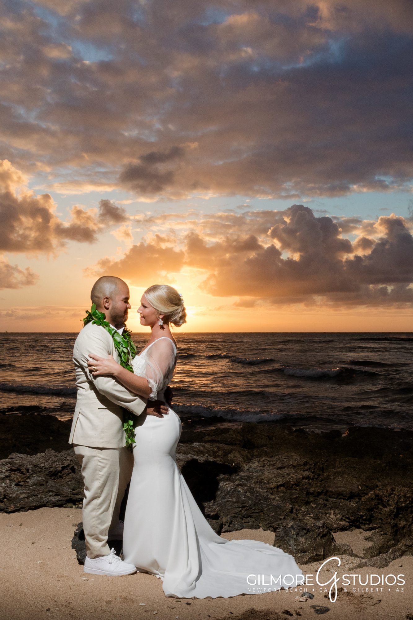 Loulu Palm Wedding Photography, Oahu Weddings - North Shore - Hawaii - Hawaiian Wedding Venue - Beach Wedding - Aloha Wedding - Gilmore Studios - wedding day - wedding dress - gown - Hawaiian sunset - sky - skies - clouds - sun - bride and groom - beach weddings 