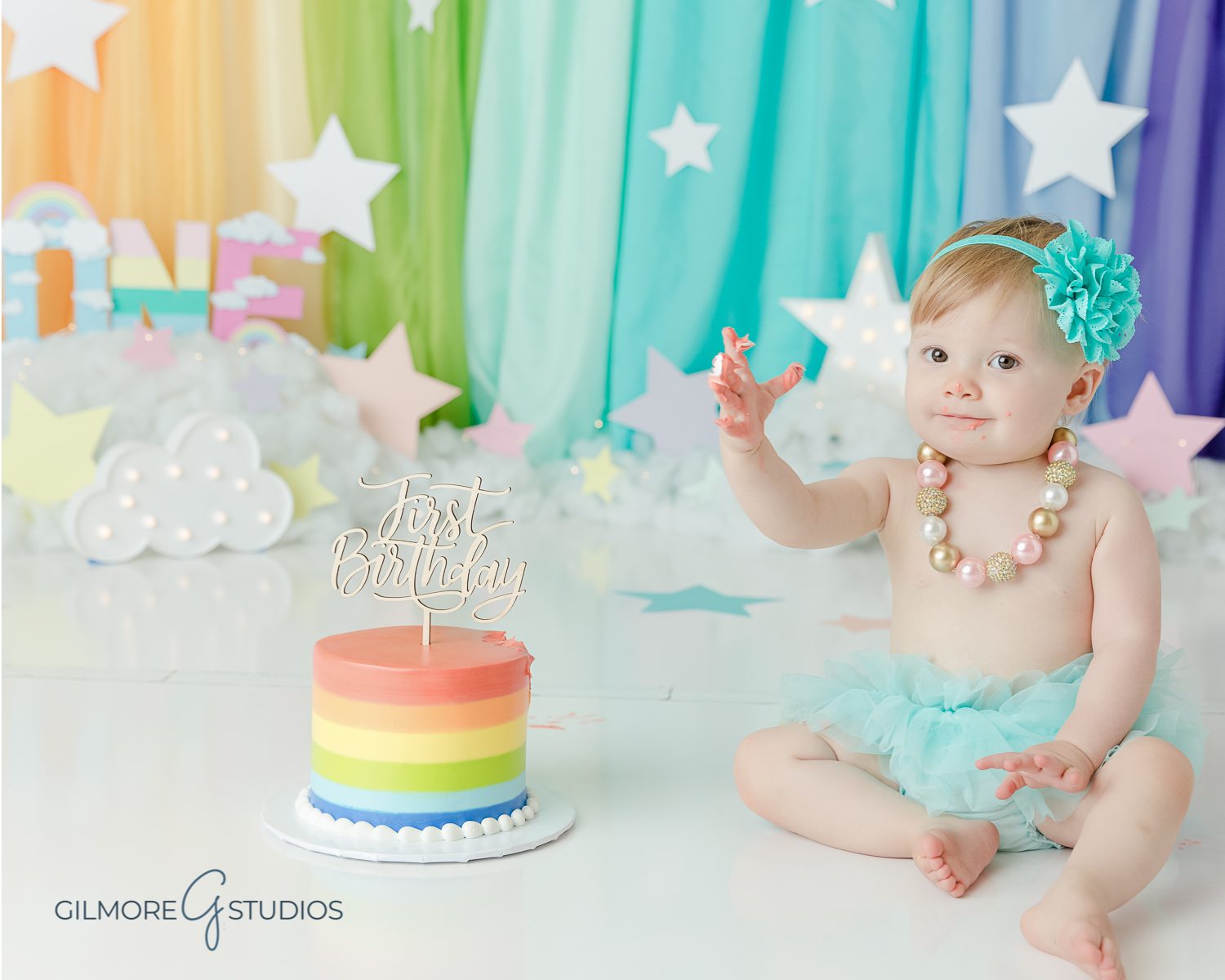 gilbert cake smash photographer, rainbow set, clouds, star, sky, one year old, girl, headband, 1st birthday, east valley childrens photography studio, gilmore studios, 1 year old portrait session, Queen Creek, Chandler, Scottsdale baby photo