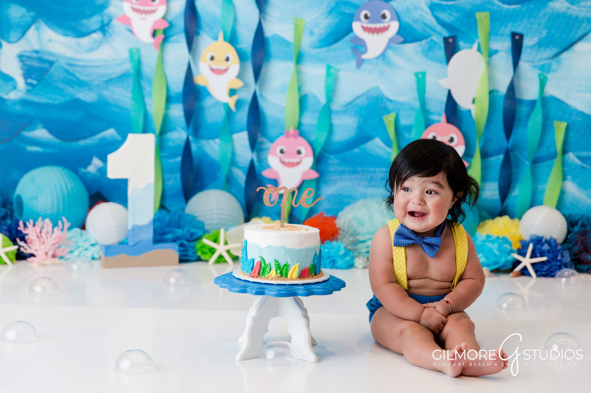 Baby Shark Cake Smash Theme, birthday cake, custom cakes, set design, boy's birthday party, gilmore studios, gilbert AZ children's portrait studio