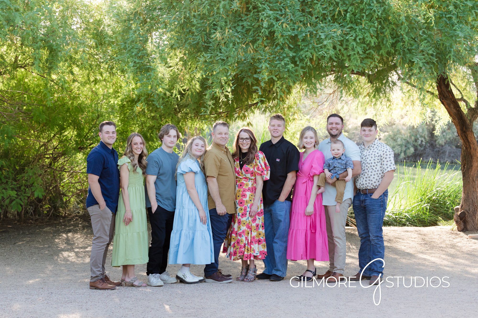 Family Reunion Photographer - Gilbert AZ - extended family, spring clothes, bright, riperian reserve, lakes, floral dress, lime green dress, khaki, spring colors, large family, reunion, family portrait with older siblings, teenagers, family photos with teens, queen creek, chandler, mesa, scottsdale, san tan, park, outdoor photo shoot locations in arizona, shaded photo locations, grandparents with grandbaby, updated headshot, gilmore studios, sisters, brothers, pose, posed, family posing, family portraits, family photography outfit ideas, 