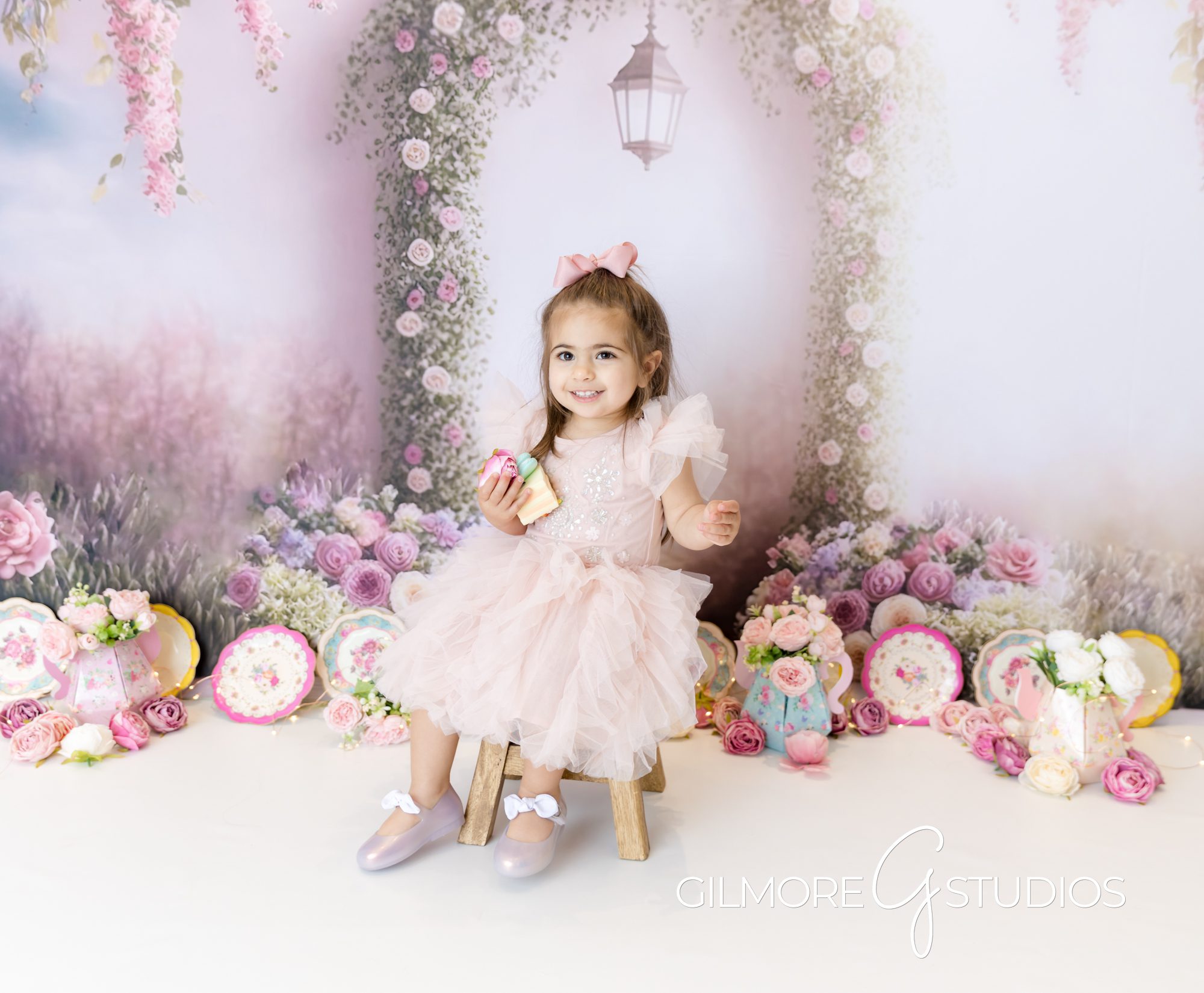 tea party cake smash, pink dress, little girl, sweets, gilmore studios, little girl poses