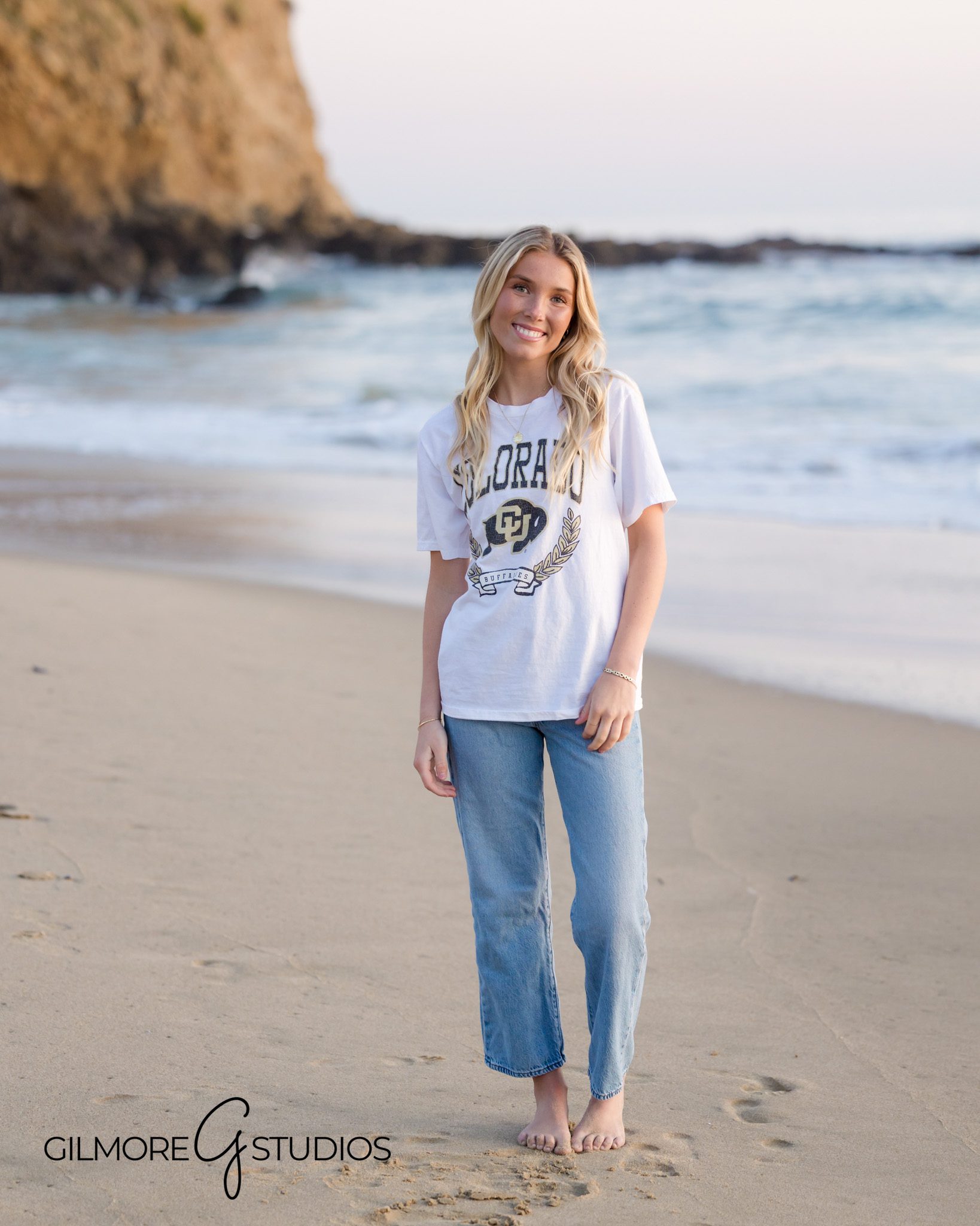 Barefoot, high school, senior, rocky shore, Laguna Beach, sunset, reflections