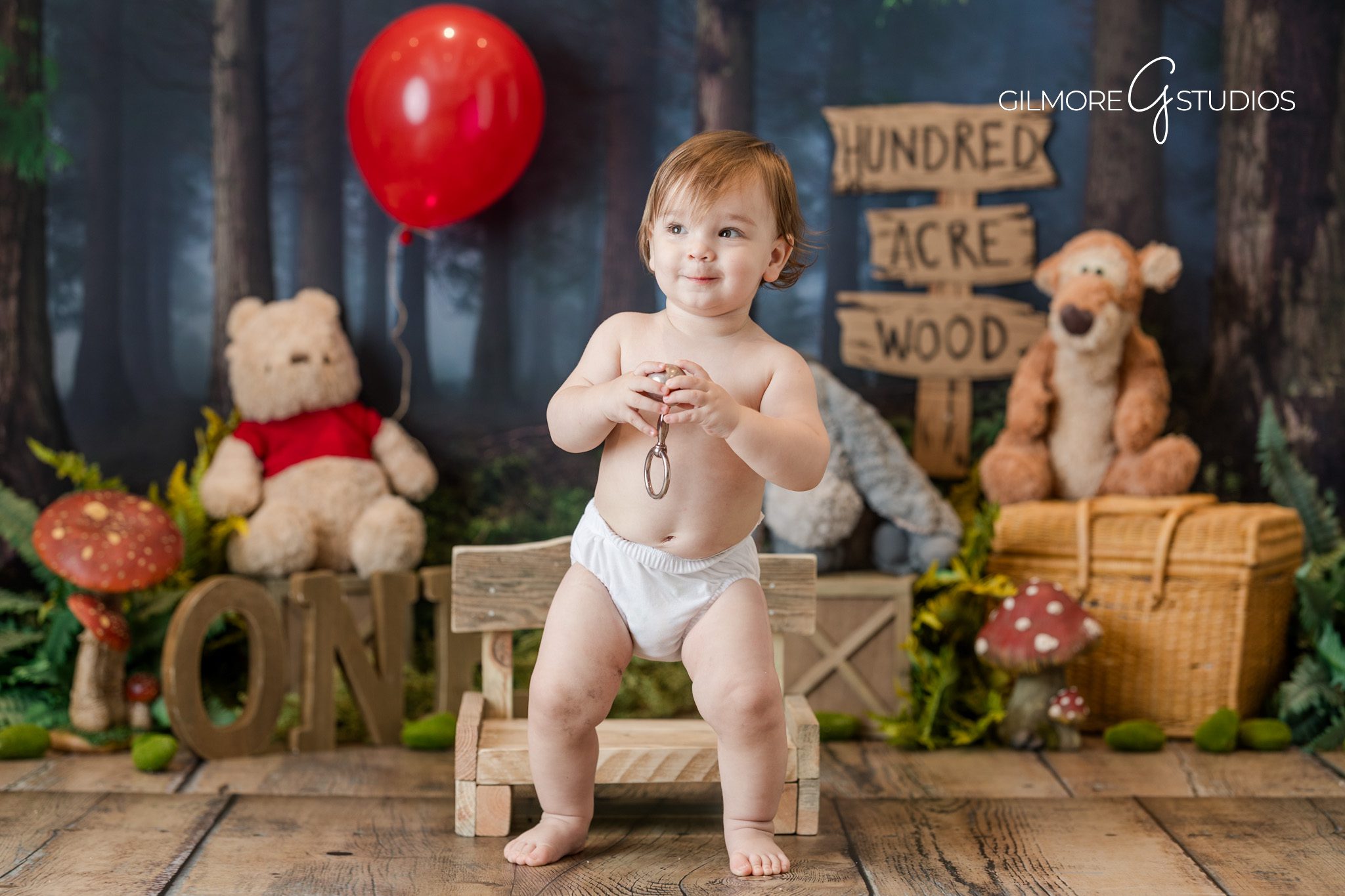 One-year-old cake smash in Hundred Acre Wood themed set