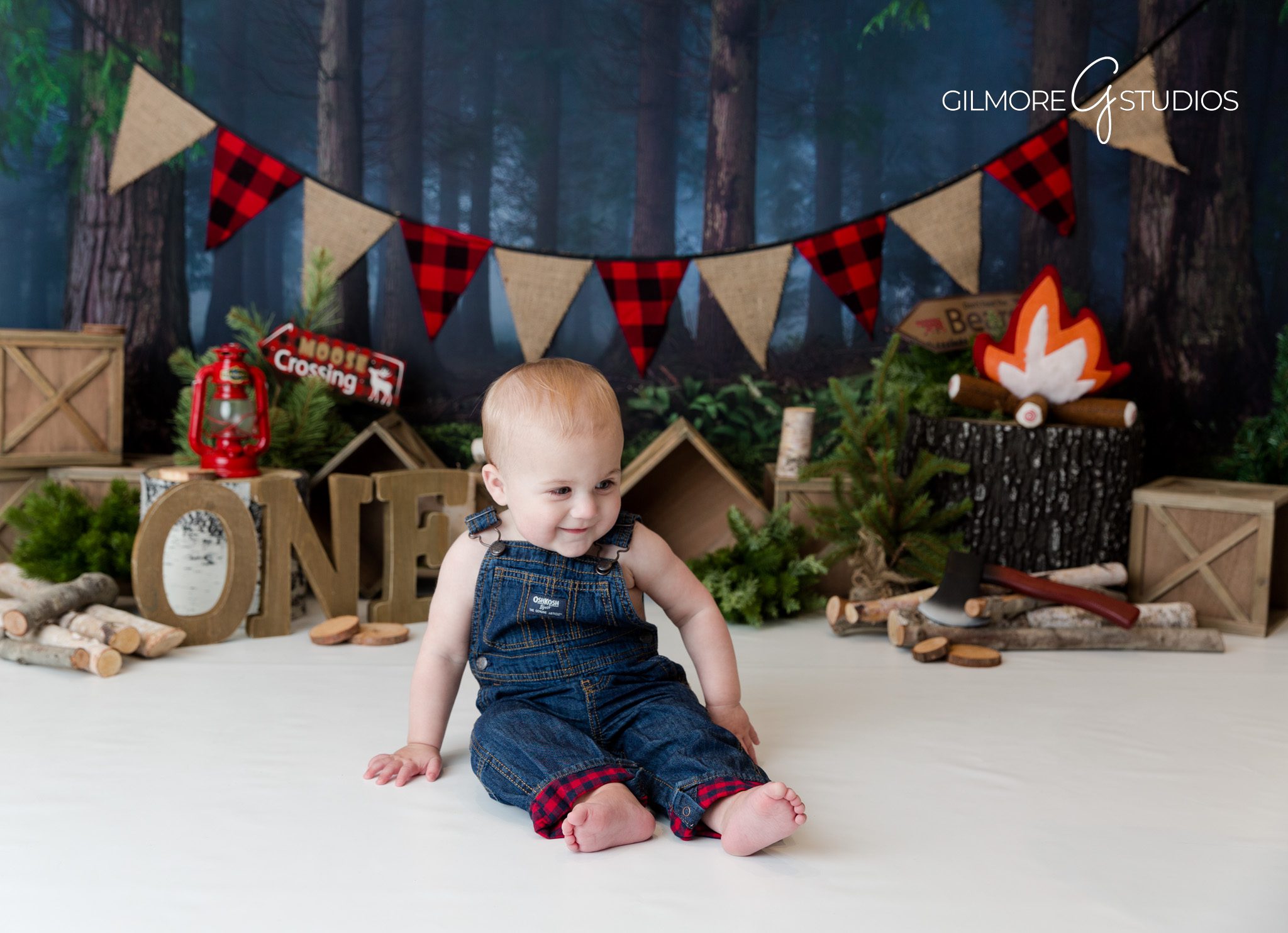 Red plaid baby outfit, first birthday studio session, Costa Mesa