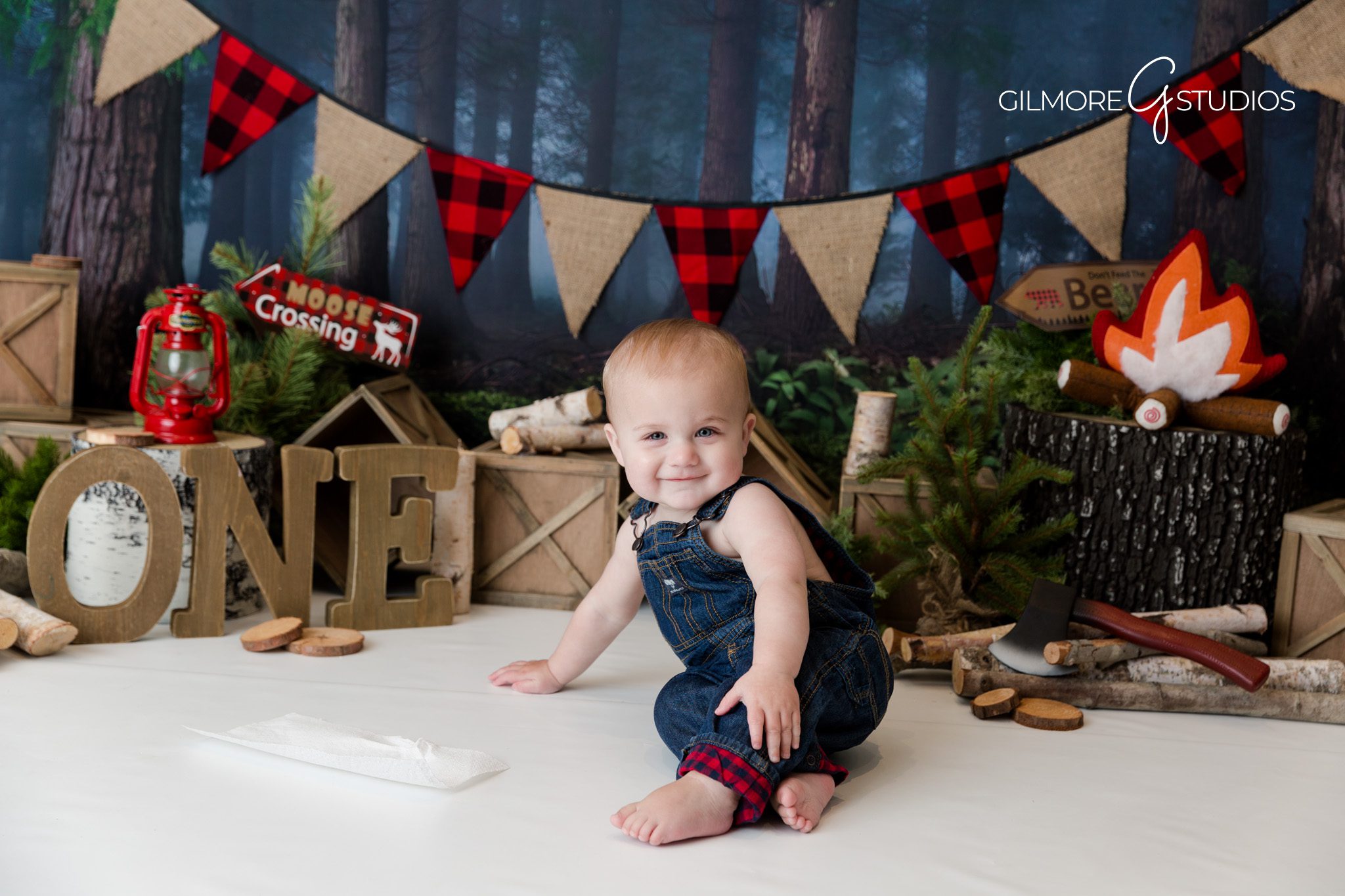 Lumberjack cake smash, red plaid outfit, birthday celebration