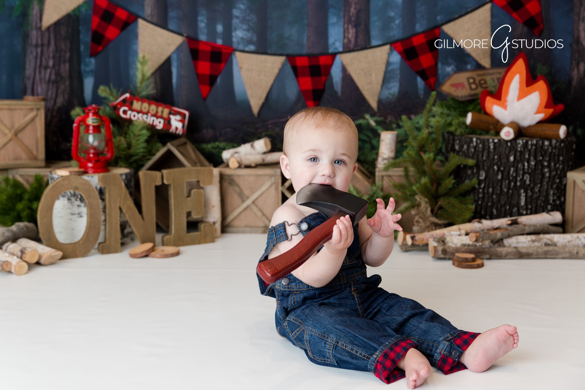Baby with toy axe, lumberjack backdrop, 1st birthday photo