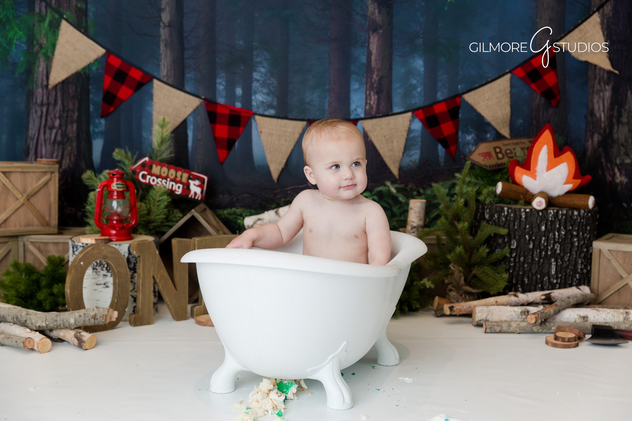 First birthday photo, rustic theme, baby smiling with cake