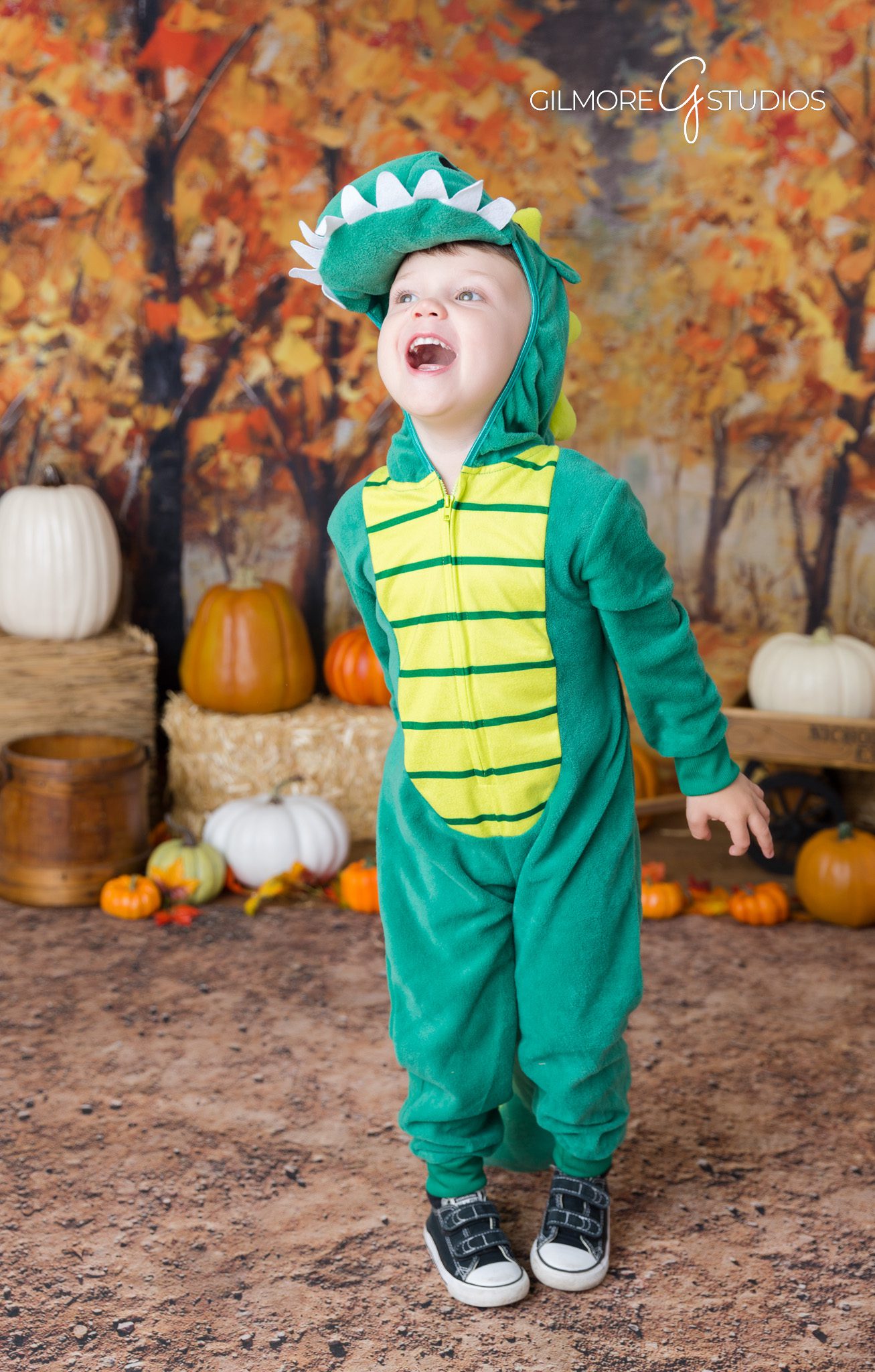 Cozy baby photo – fall background – wooden crates and decor