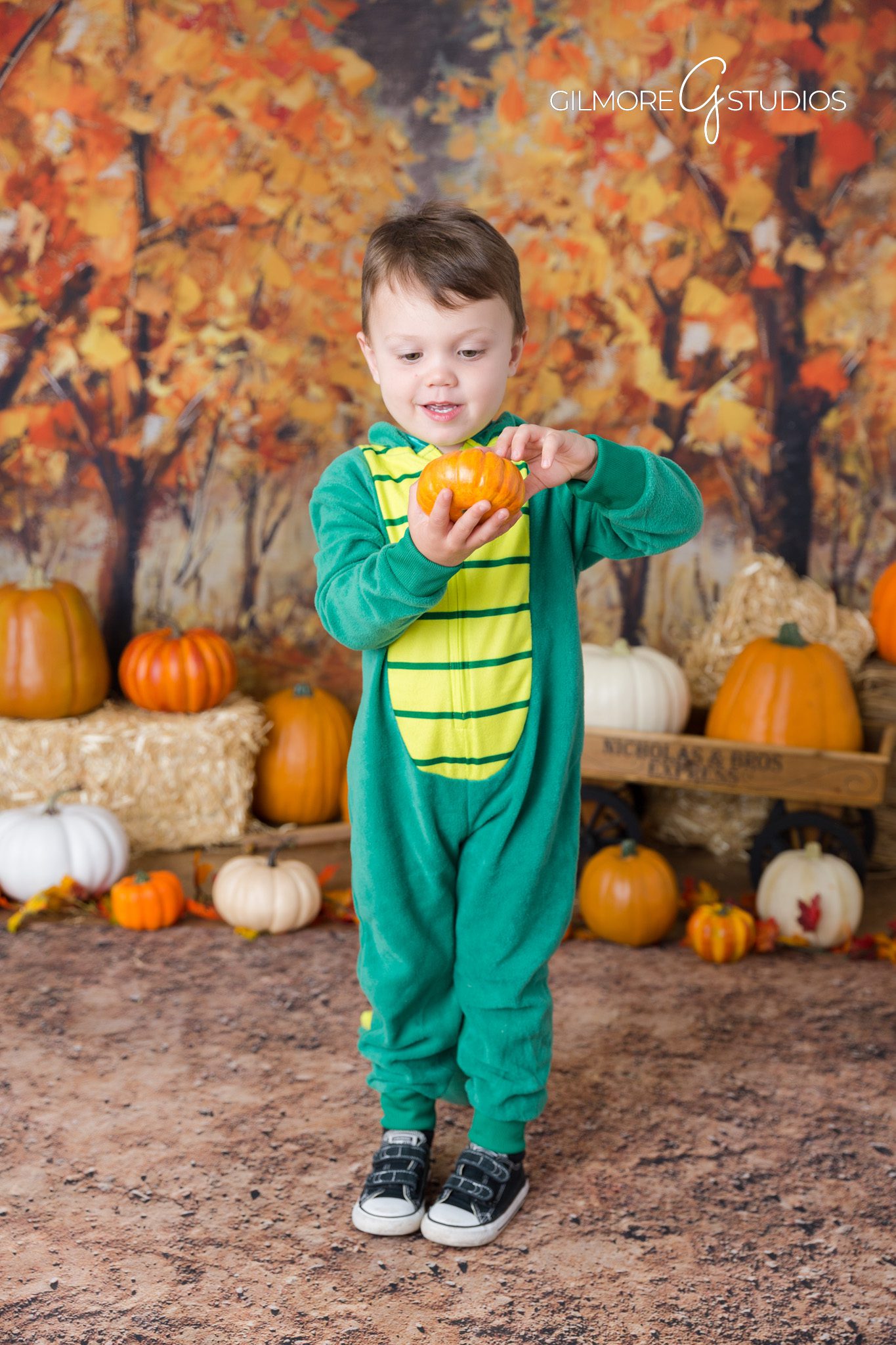 Fall baby portrait – pumpkins and leaves – Newport Beach studio