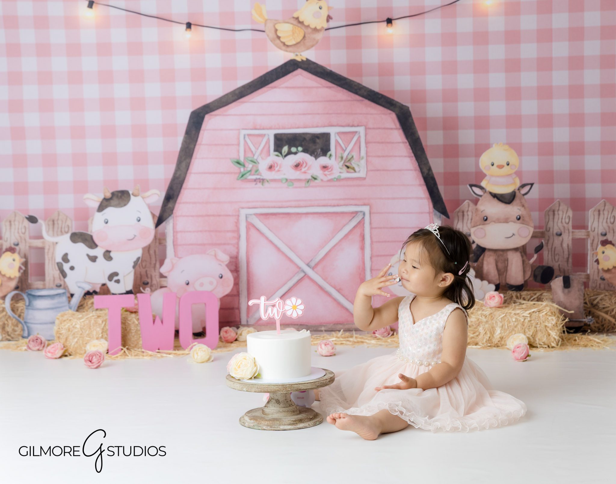 Fun cake smash photoshoot in Orange County pink barn theme, Birthday photography with country farm pink balloon decorations, 2-year-old girl birthday photography with barn theme