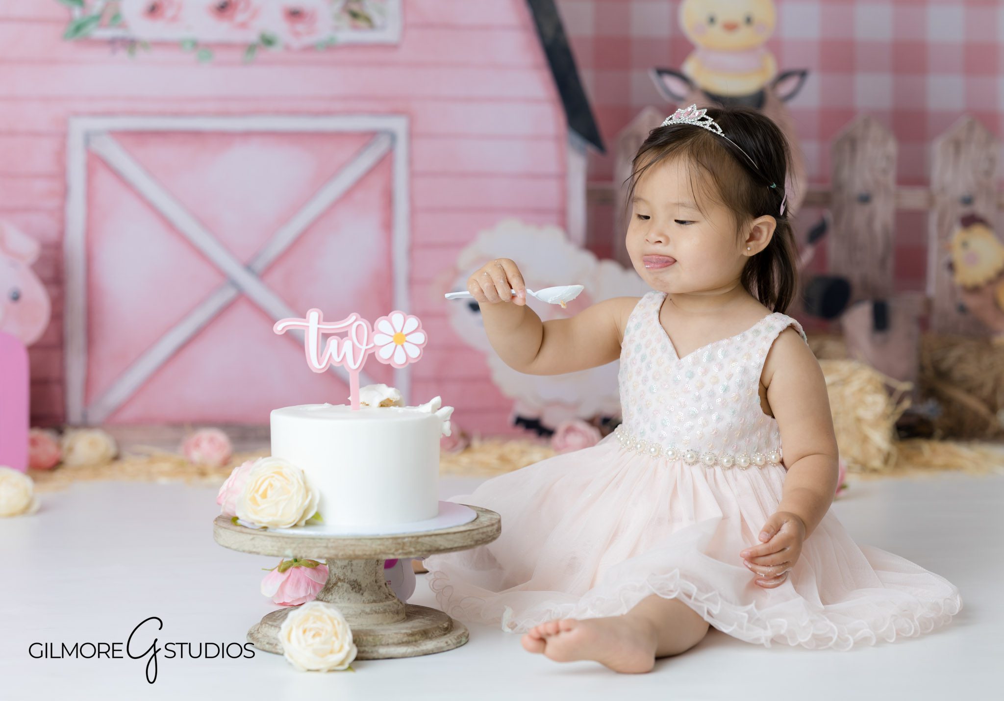 Pink barn-themed birthday portrait session in Newport Beach, Cute 2-year-old birthday photos with farm animal cake and balloons, Pink barn cake smash photographer for toddler girls in Orange County