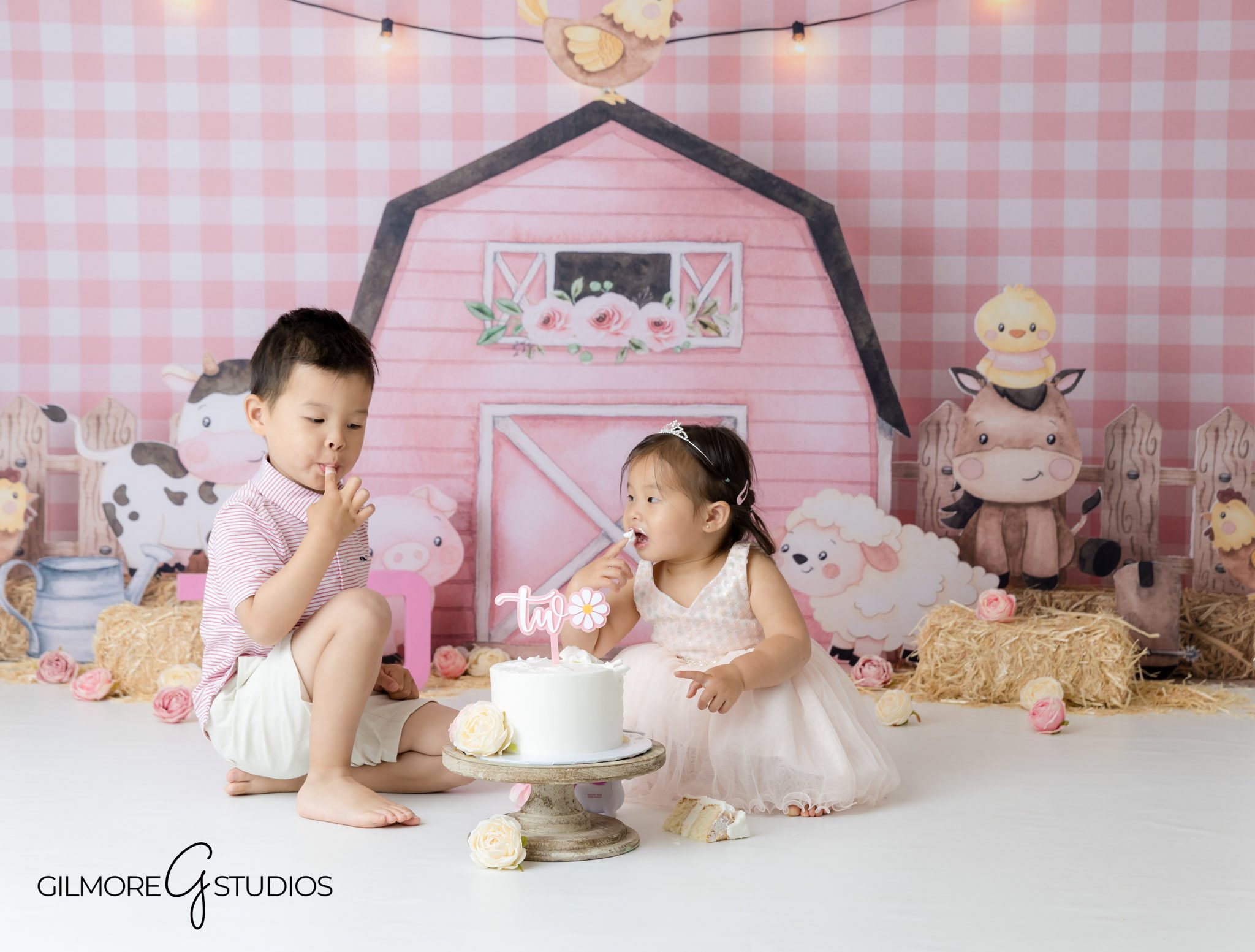 Rustic barn cake smash photography in Newport Beach studio, Photographer for pink-themed barn birthday portrait sessions, Pink and white cake smash session for 2nd birthday