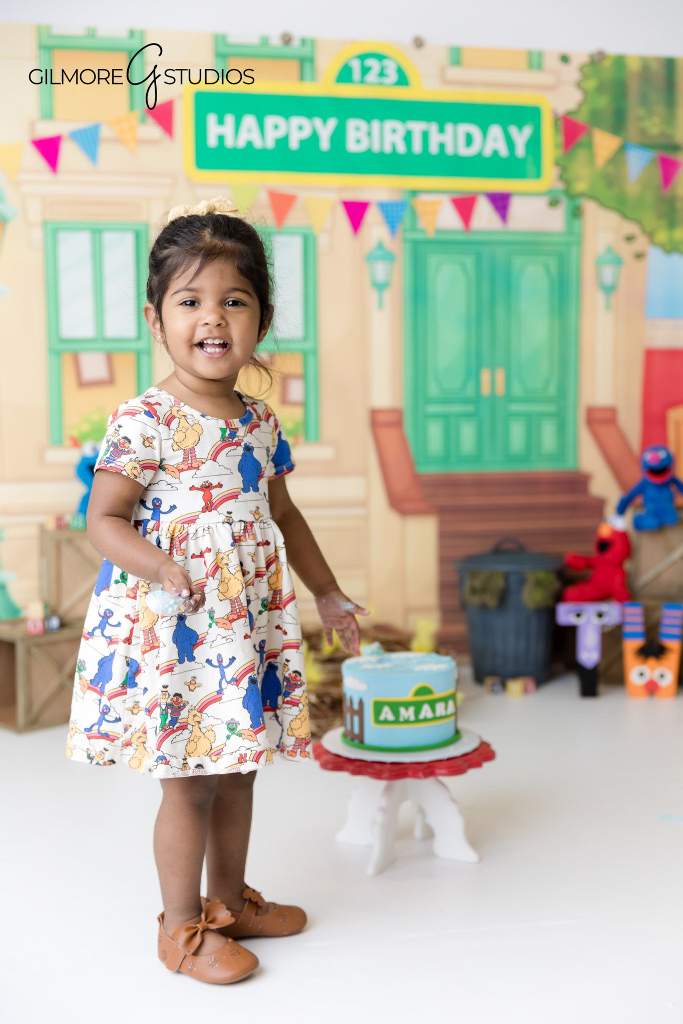 Sesame Street cake smash portrait in Newport Beach, Toddler birthday party ideas with Sesame Street decor