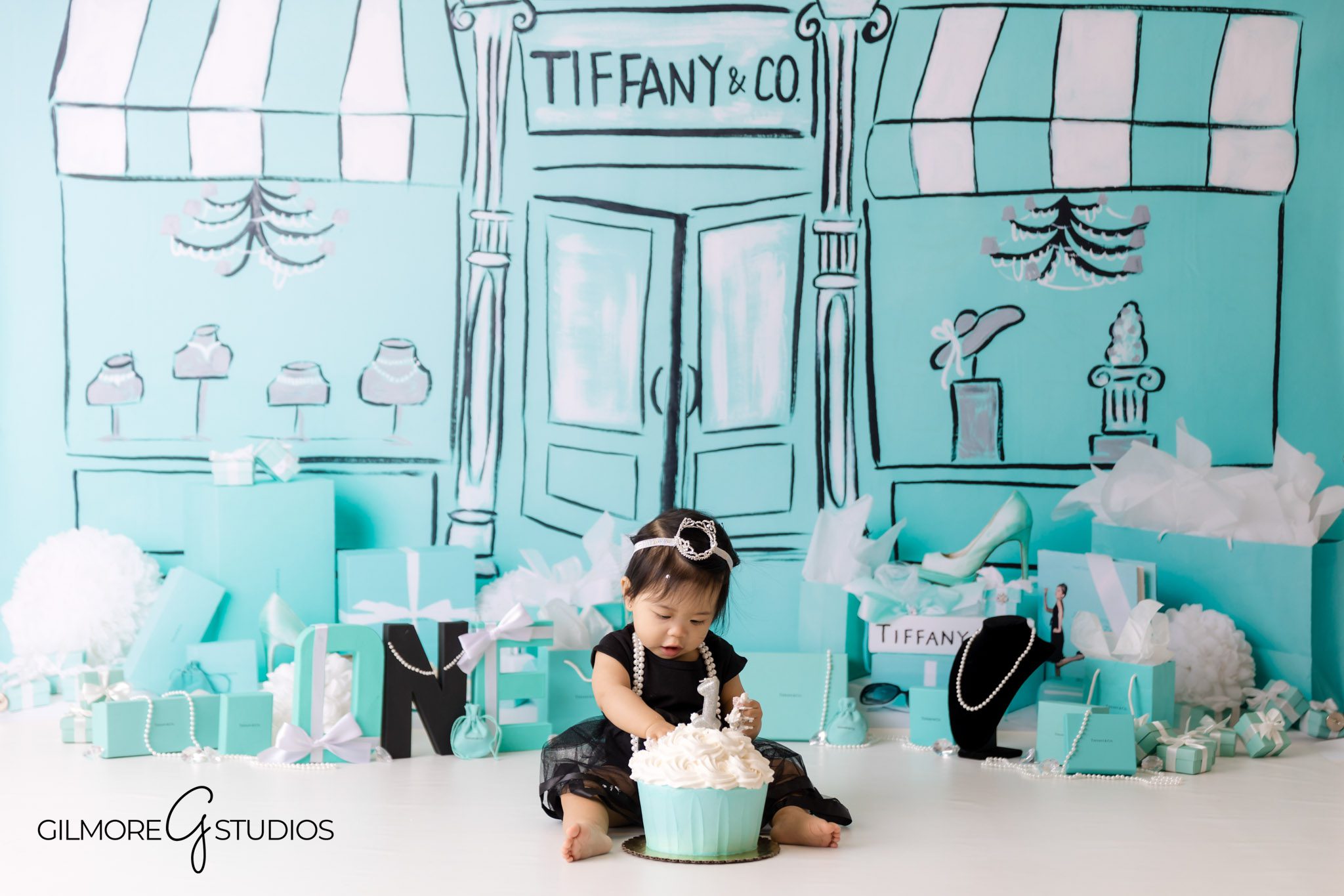 Tiffany birthday photography in Mission Viejo, baby girl birthday photoshoot with pearls and blue