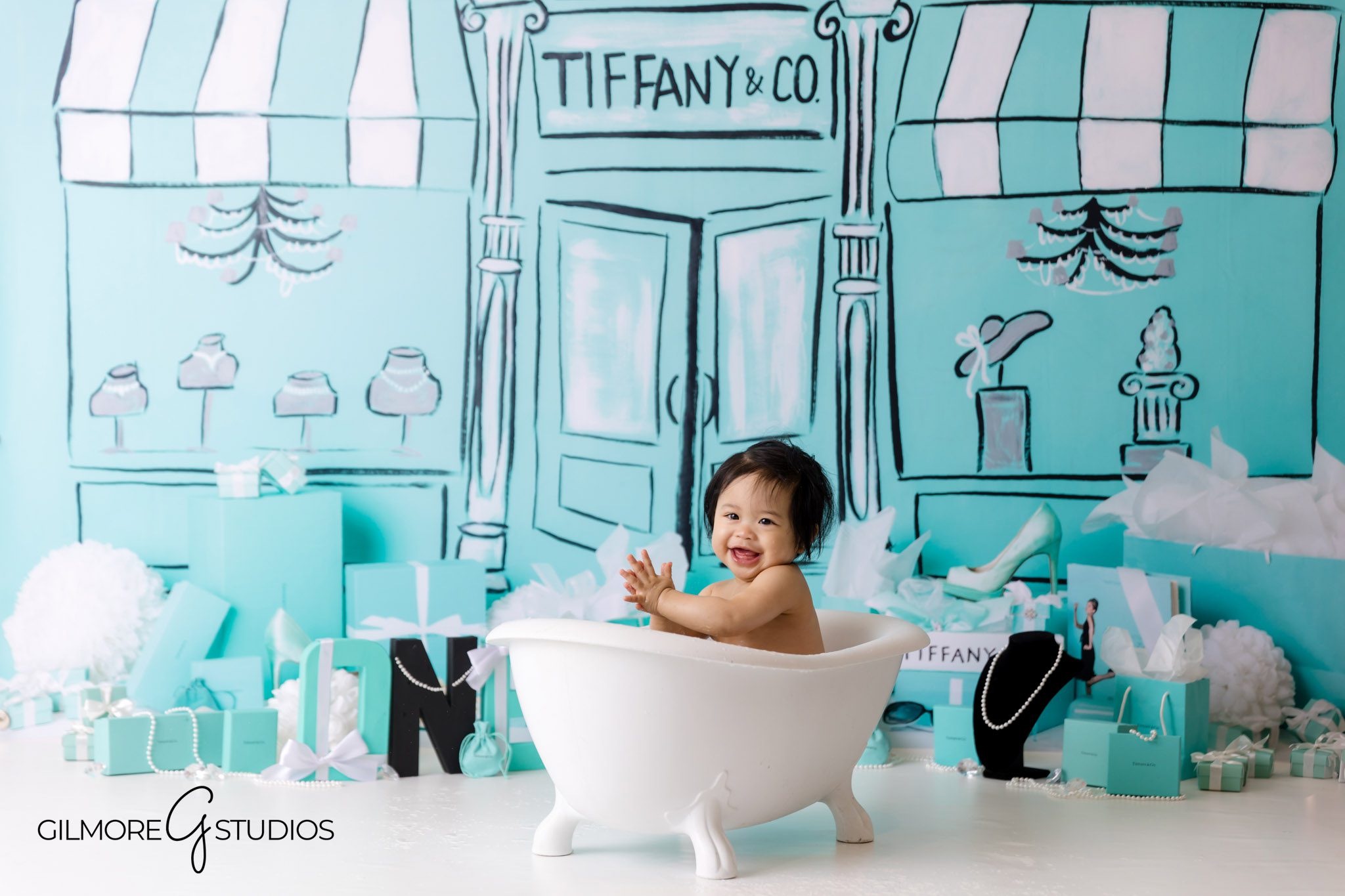 baby portrait photographer in Tiffany setting, Gilmore Studios Tiffany cake smash portraits