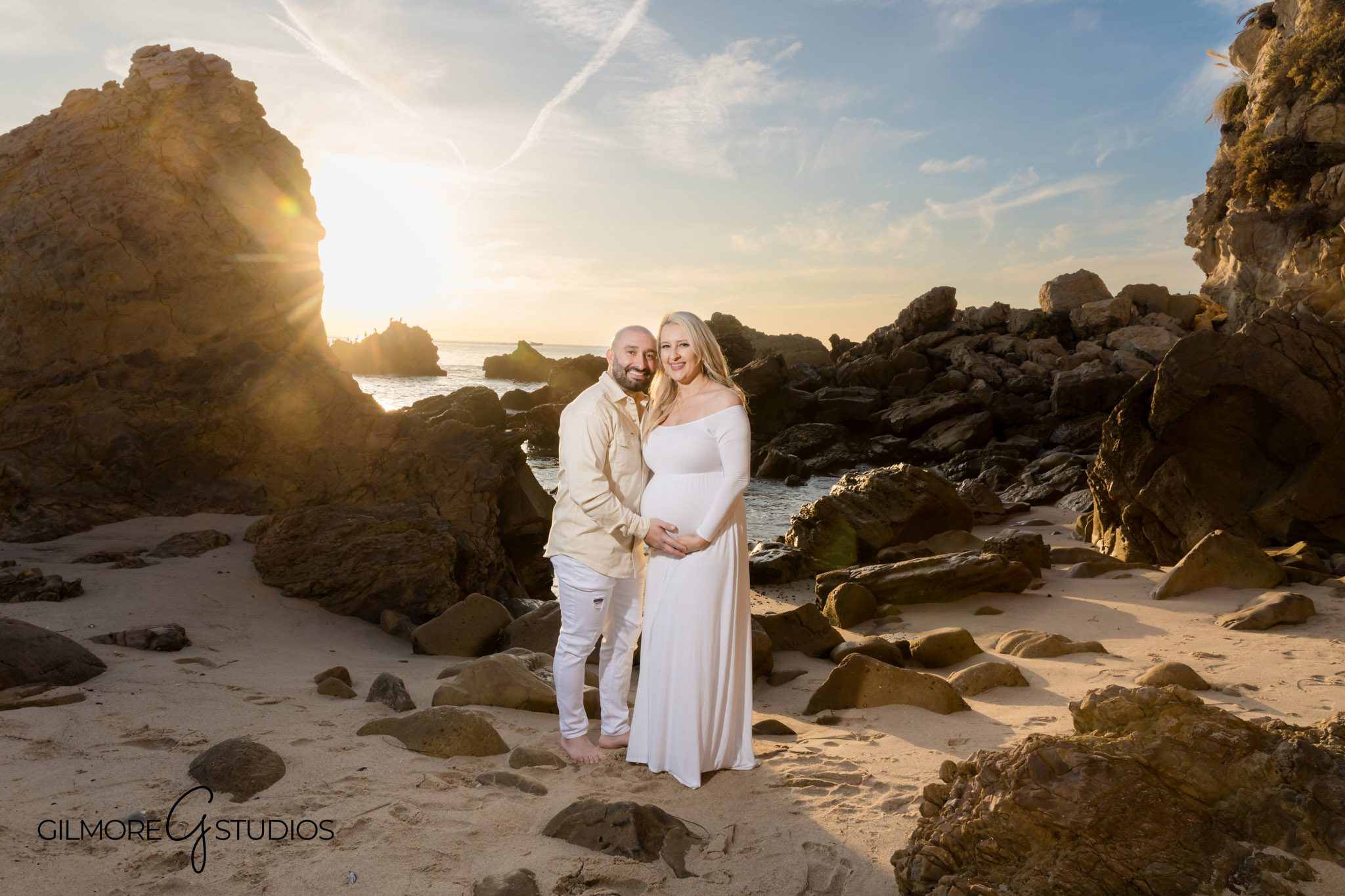 Tide pool maternity portraits at Little Corona beach, Maternity beach session with partner in Newport Beach