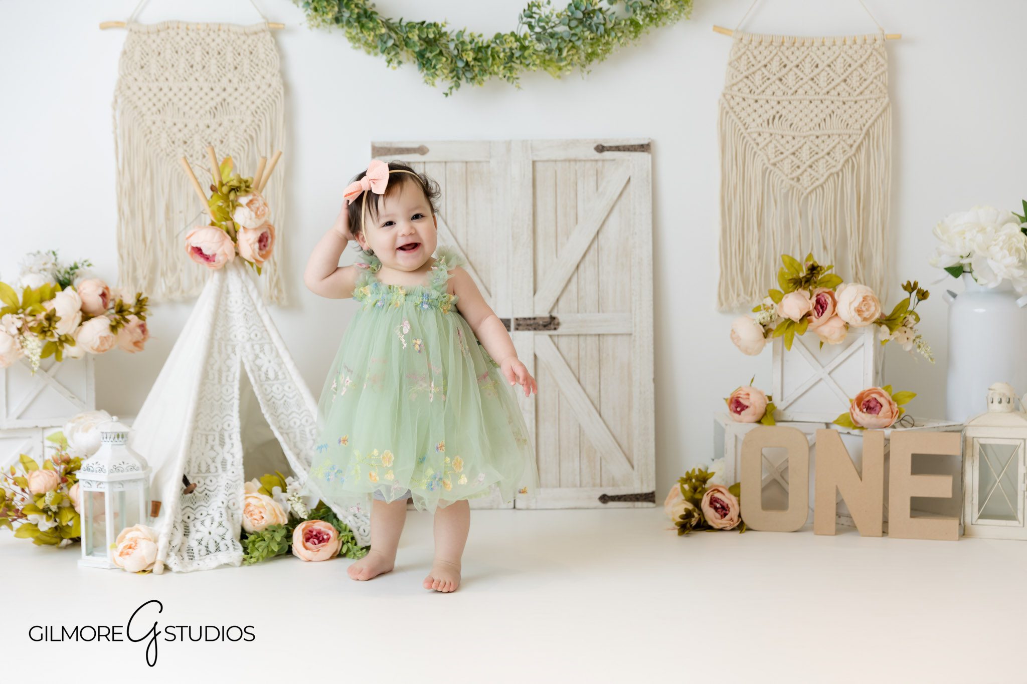 Neutral tones boho first birthday cake smash photographer Newport Coast, Rustic boho milestone photography Newport Coast cake smash portraits